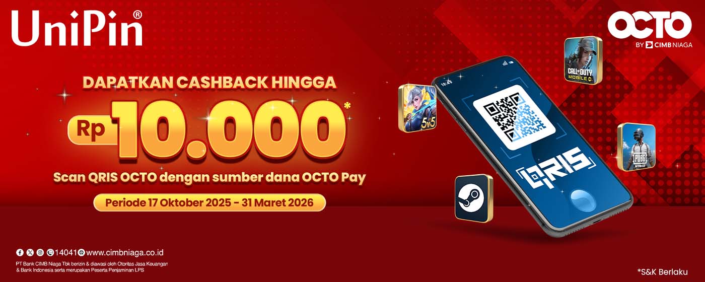 Cashback hingga 10.000 Top Up game favoritmu & Bayar pakai QRIS OCTO di UniPin